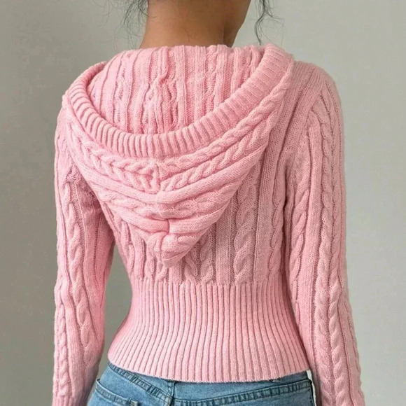 Pink Casual Women's Drawstring Hooded Cardigan - Picture 2 of 5